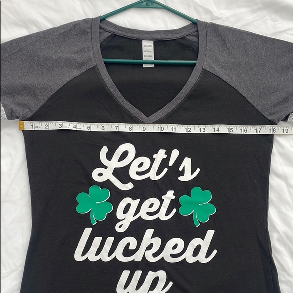 Black and Gray St Paddy’s St Patrick’s Tee “Let’s get lucked up” green shamrocks - Picture 3 of 5